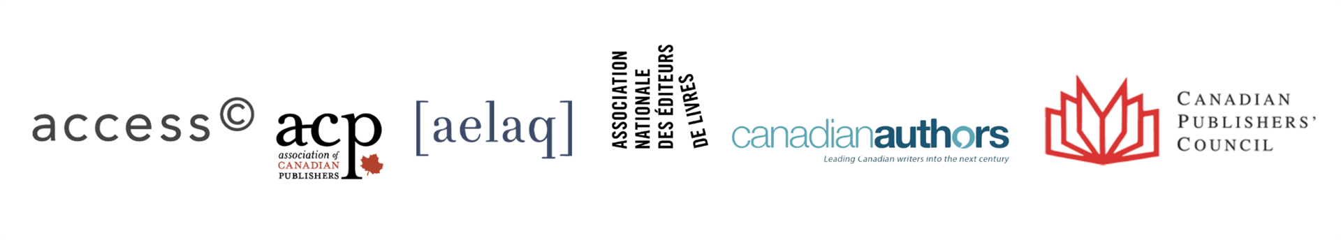 The logos of Access Copyright, the Association of Canadian Publishers, AELAQ, Association Nationale des Editeurs de Livres, Canadian Authors, and Canadian Publishers' Council.