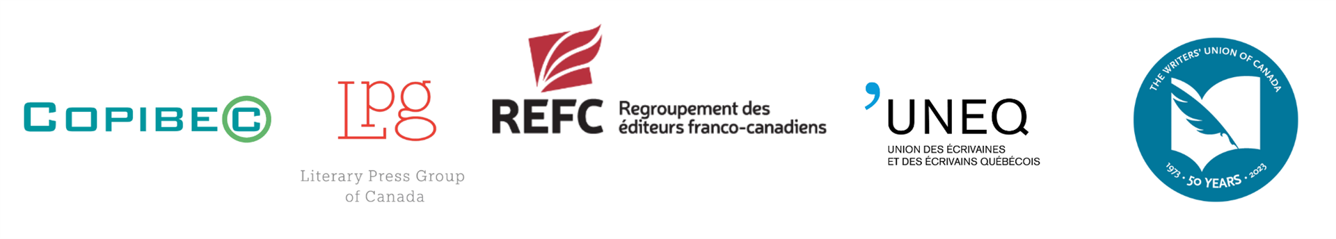 The logos of Copibec, LPG, REFC, UNEQ, and The Writers' Union of Canada.